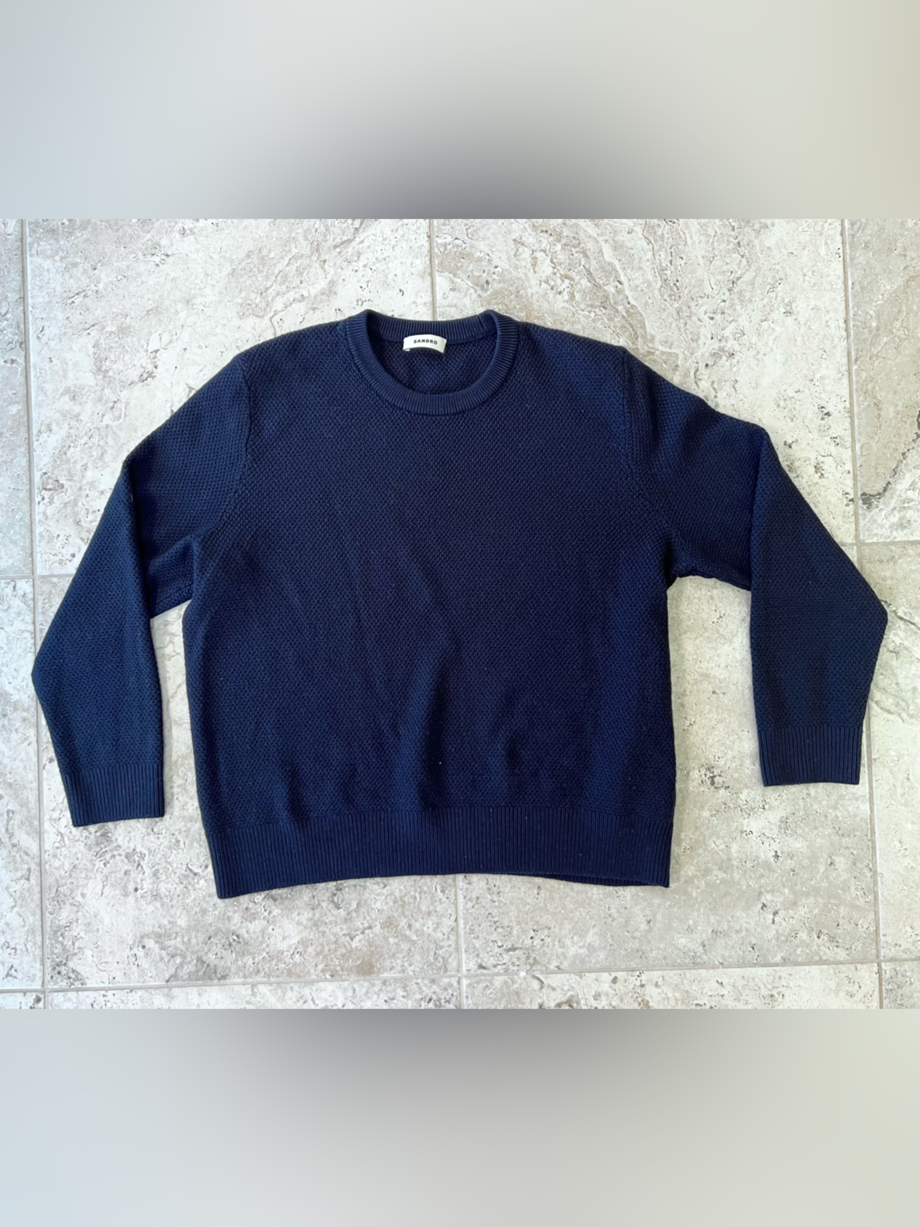 Sandro Fine Knit Textured Wool Blend Crew Neck Sweater In Navy Blue, Sz Eu 44/Xs